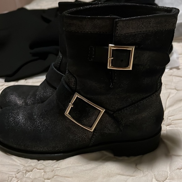 Jimmy Choo, black with a silver shimmer leather combat boots - Picture 2 of 8